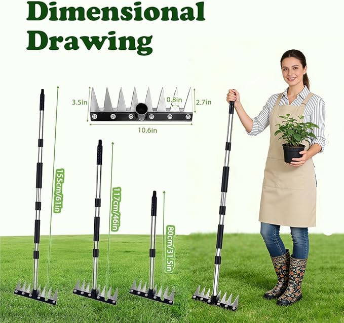 Stainless Steel Weeding Tool, Thickened Version 8 Tines Weeder Rake, Weed Puller Tool with Long Handle, for Removing Weeds, Loosening Soil, Cleaning Flower Beds, Pine Needles & Lawn Prep