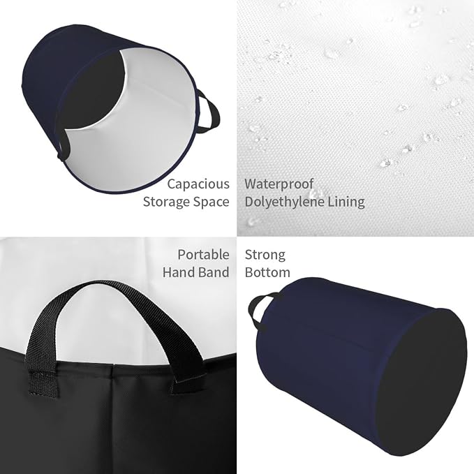 19.6" Large Laundry Hamper Bag, Navy Blue Modern Collapsible Laundry Basket Dirty Clothes Organizer Washing Bin for Family Essentials Storage