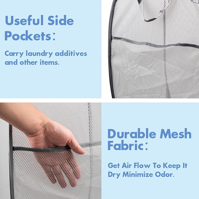 2 Pack Pop Up Laundry Hampers, 70 L Collapsible Foldable Mesh Basket, Gray | Reinforced handles, breathable fabric, foldable, portable for dorm college travel camping cruise, dirty clothes, toys storage