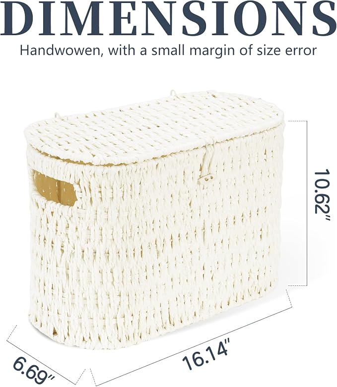 Coeusy Toilet Paper Storage Basket with Lid, Wicker Basket for Bathroom | Hand-Woven Paper Rope, Rattan Toilet Paper Holder, Organizer for 6 Mega Rolls with Handle, Boho Decorative Decor, Cream White