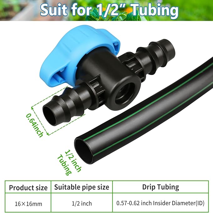 JAYEE Drip Irrigation Valve Tubing Fittings 1/2 inch, 4 Pcs Barbed Switch Valves Drip Line Parts For 1/2 Inch Drip Irrigation Tubing (.570-.620" ID), Shut Off On Water Flow For Sprinkler Systems