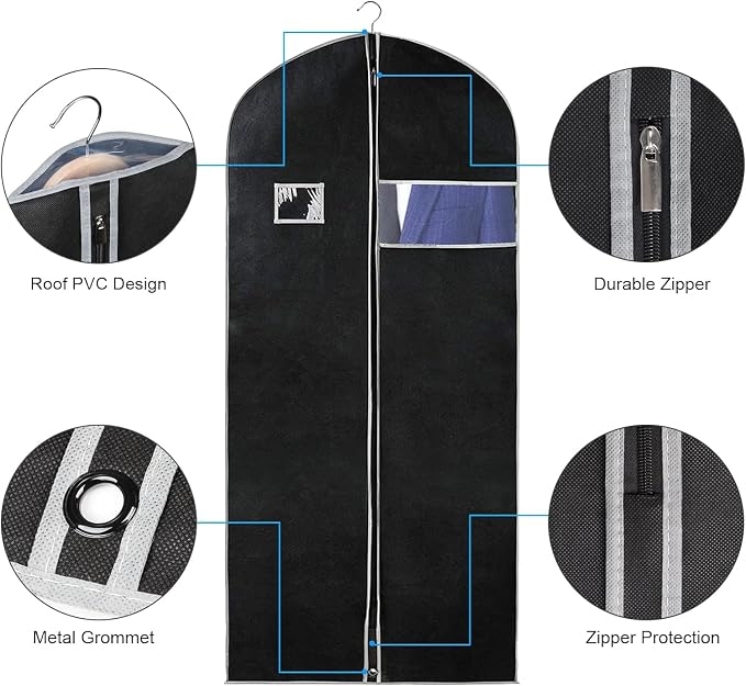 Syeeiex 60 Inch Dress Bags for Gowns, Set of 8, Dress Garment Bag, Black