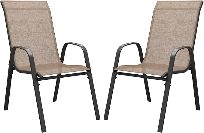 DIFY Patio Chairs Set of 2, Stackable Outdoor Dining Chairs Set with Breathable Textilene High Back and All-Weather Metal Frame for Garden, Backyard, Deck, Brwon