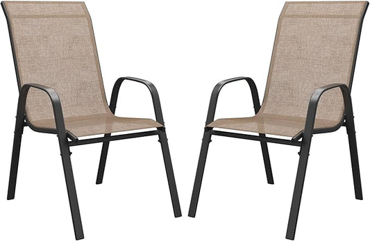 DIFY Patio Chairs Set of 2, Stackable Outdoor Dining Chairs Set with Breathable Textilene High Back and All-Weather Metal Frame for Garden, Backyard, Deck, Brwon