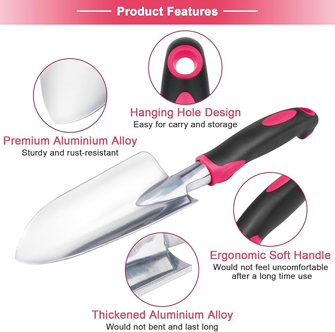 Garden Shovel Hand Garden Trowel, Heavy Duty Gardening Shovel with Ergonomic Handle, Hand Shovel Garden Shovels for Digging, Rust Resistant Garden Spade Gardening Tools for Garden Work, Red