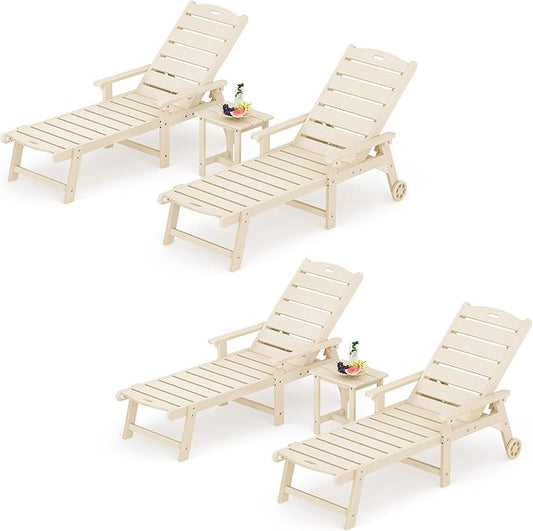 LUE BONA Chaise Lounge Chair with Table, 6-Piece, HDPS Chaise Lounger, 5 Positions Adjustable Lounge Chairs, Pool Lounge Chair with Wheels for Poolside, Backyard, Sand