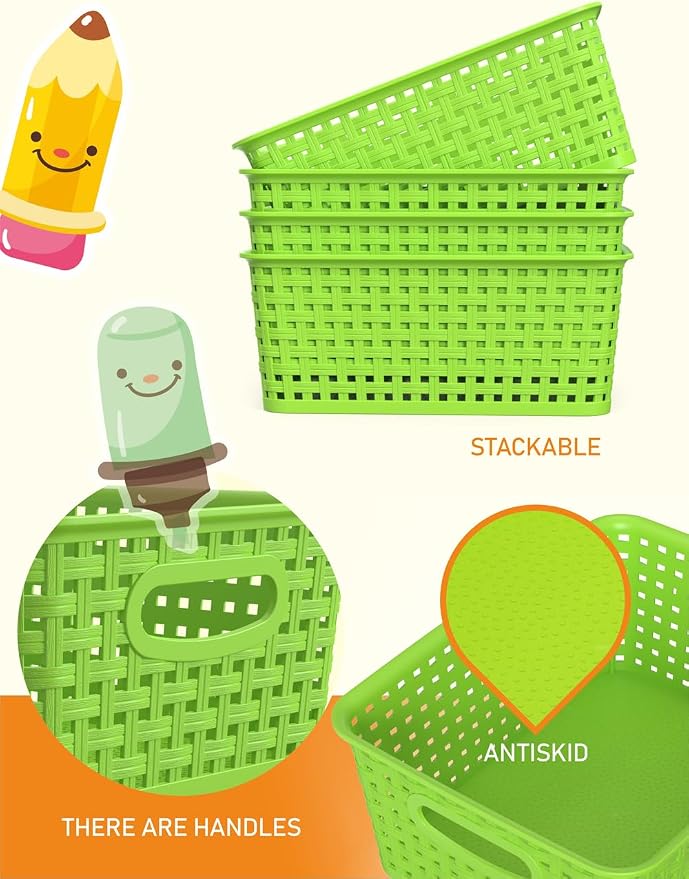 WYT 6-Pack Plastic Small Shelf Storage Weave Baskets Organizing for Cabinets and Pantries, Green