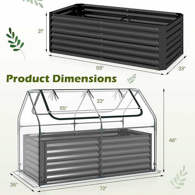 S AFSTAR 3-in-1 Raised Garden Bed with Greenhouse Cover, 6FT x 3FT x 4FT Galvanized Bottomless Planter Box Kit with Dual Roll-Up Screen Windows, Outdoor Mini Greenhouse for Vegetables (Black & Clear)