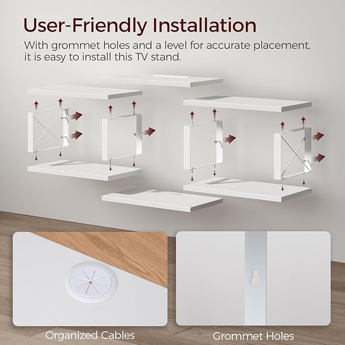 MAHANCRIS 43.7” Floating TV Stand with Power Outlet, Wall-Mounted Entertainment Center, Floating Metal Frame Media Console Shelf for Under TV Storage, for Living Room, Bedroom, White TVBW101E01