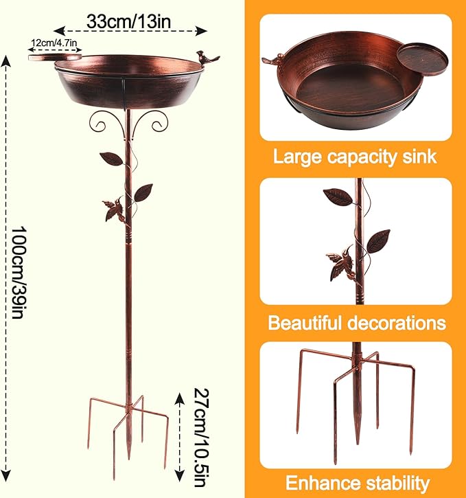 3" Deep 40" Tall Metal Bird Bath for Outdoors, 13" Dia 2-in-1 Removable Bird Baths Feeder Water Bowl, Vintage Standing Birdbaths with Stable Stake for Garden Yard Lawn Decor 1.5 Gallon