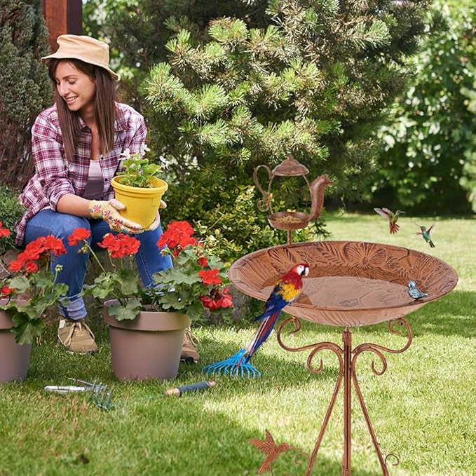 VEWOGARDEN Large Metal Bird Bath for Outside Garden Standing Birdbath with Feeder for Outdoors Yard Patio Lawn Decoration, Brown