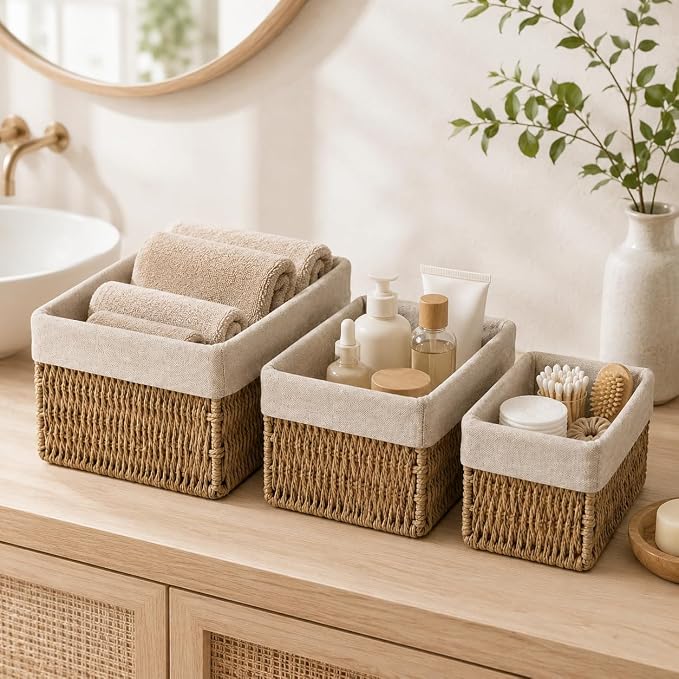 Wicker Storage Baskets Set of 3, Bathroom & Shelf Bins | Paper Rope Baskets with Removable Linen Liner Nesting Small/Medium/Large Organizer Bins for Pantry & Closet, Countertop