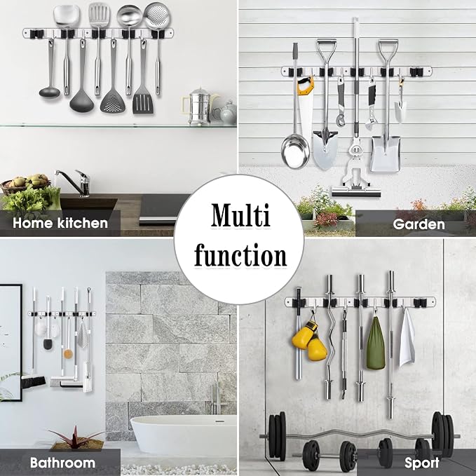 2 Pack Broom Holder Wall Mount, 5 Racks 4 Hooks Mop and Broom Organizer