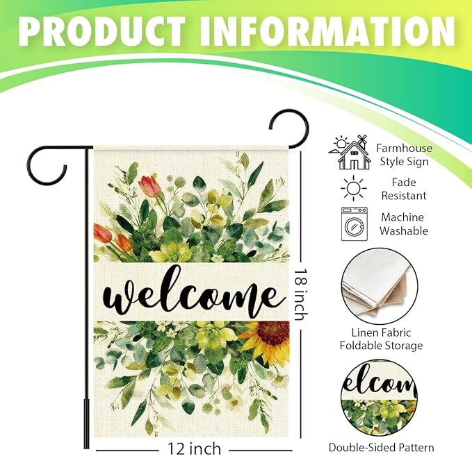 Welcome Flags for Outside,Spring Eucalyptus Garden Flag for Yard Patio Lawn Decoration,12x18 Inch Double Sided