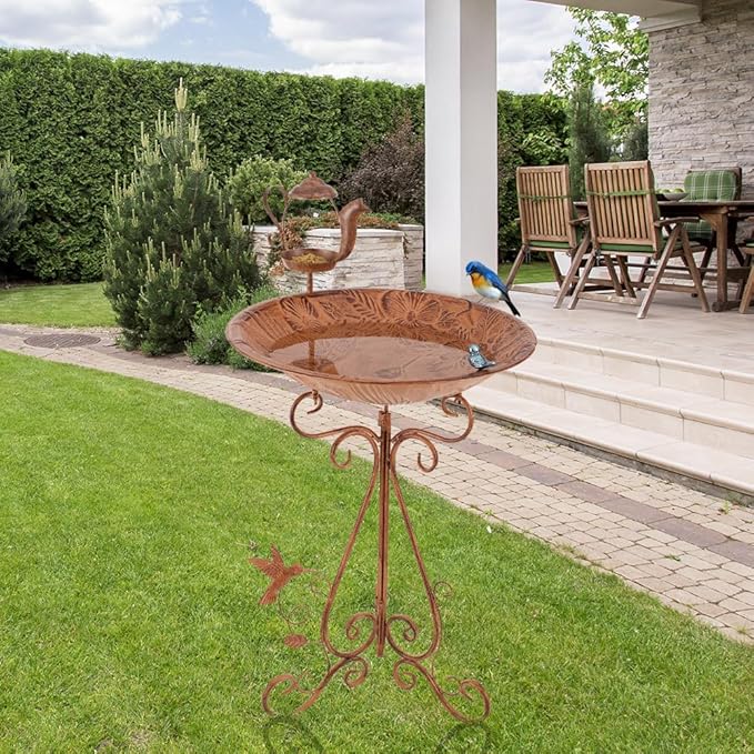 VEWOGARDEN Large Metal Bird Bath for Outside Garden Standing Birdbath with Feeder for Outdoors Yard Patio Lawn Decoration, Brown