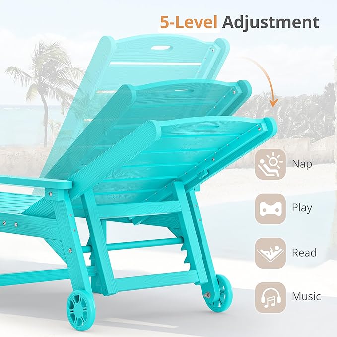 LUE BONA Outdoor Chaise Lounge, HDPS Chaise Lounger, 5 Positions Adjustable Lounge Chairs, Pool Lounge Chair with Wheels for Poolside, Backyard, Aruba Blue