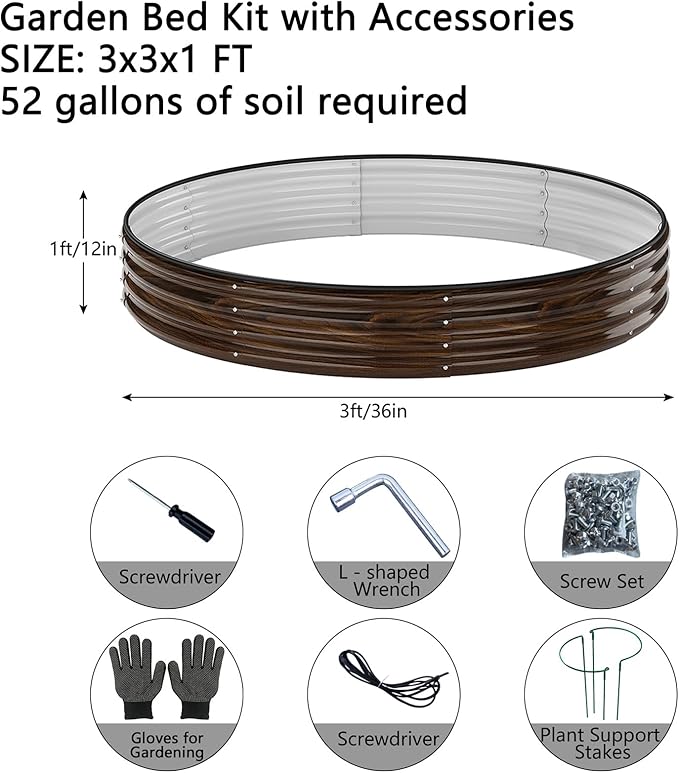 ZFHgarden Galvanized Metal Planter Round Raised Garden Bed Kit for Gardening Outdoor Grow Garden Box Raised Flower Bed Round Galvanized Planter Outdoor Brown 1PC