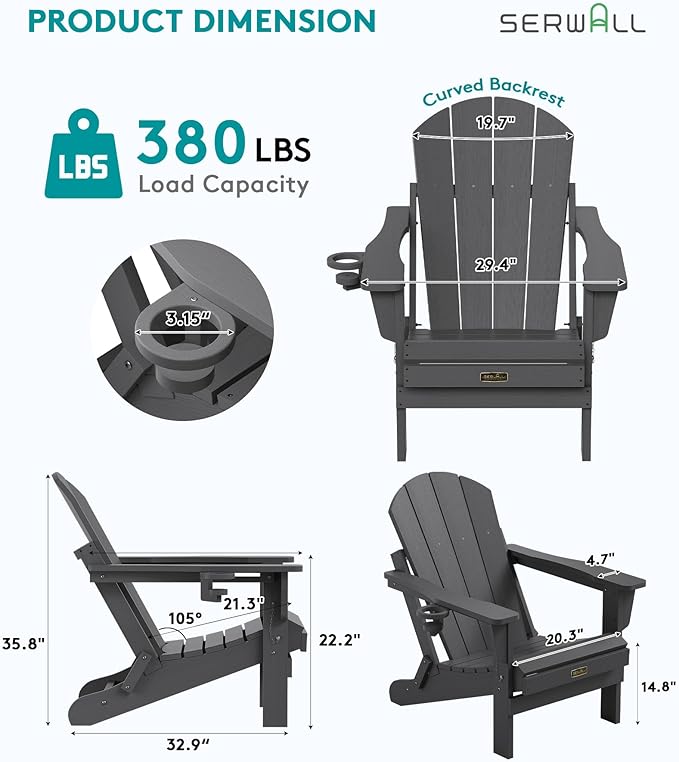 SERWALL Folding Adirondack Chair with Cup Holder Set of 2, All Weather Adirondack Chairs, Fire Pit Chairs for Patio Garden Outdoors Fire Pit - Gray