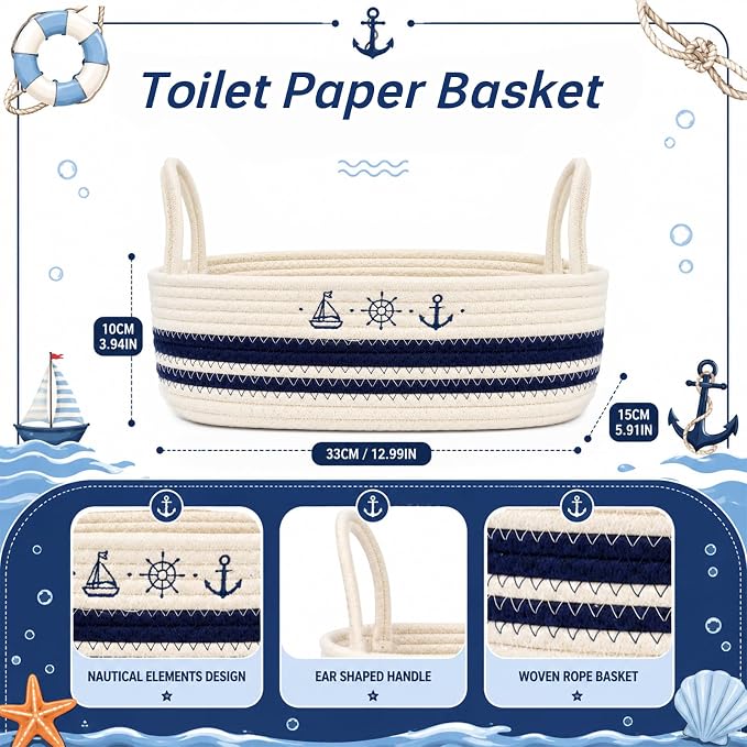 Nautical Toilet Paper Basket–Woven Rope Coastal Decorative Bathroom Decor