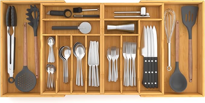 Suli Extra Large Silverware Drawer Organizer,Expandable 22in to 37in,Bamboo | 2.6in Deep,13 Slot,Removable Design,Expandable Utensil Tray for Kitchen Drawer,Big Adjustable Cooking Cutlery Flatware Holder