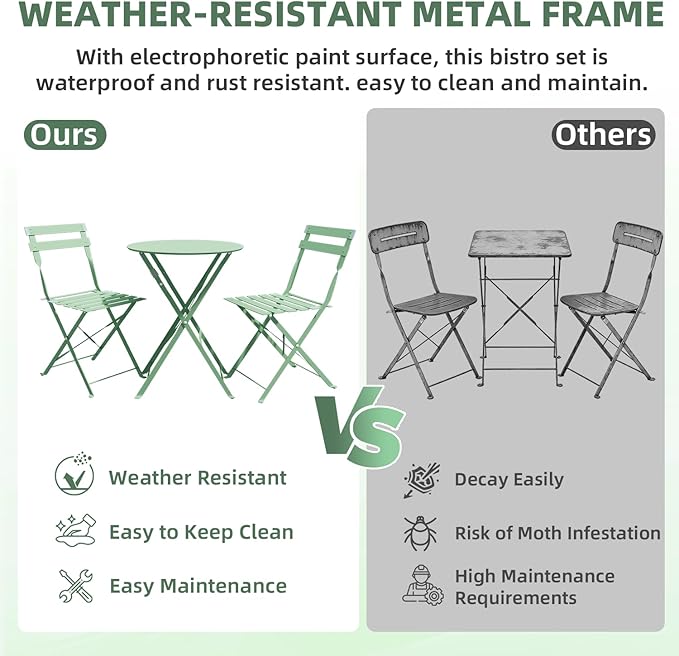 3-Piece Folding Bistro Set, 2 Chairs and 1 Coffee Table, Space Saving Weather-Resistant Frame, Portable Indoor/Outdoor Patio Furniture Conversation Set for Garden Porch Balcony Deck - Green