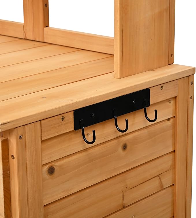 RUNNA 65.7'' H Tall Garden Potting Bench Table with Hutch,Patio Storage Workstation with 3 Shelves,6 Drawers,2 Bottom Cabinets&Side Hooks for Mudroom,Doorway (Natural@024, 65.7)