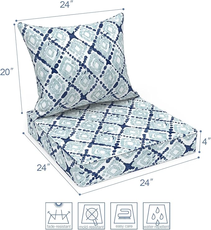LVTXIII Outdoor Deep Seat Cushion Patio Seat and Back Cushion Set Seasonal Chair Cushion with Removable Cover and Adjustable Buckle for Home and Garden, 22"x22"x4", Boho Geometry Blue
