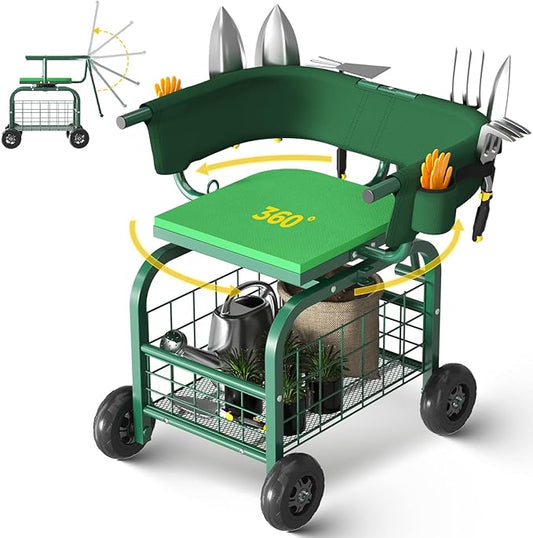 Suntee Garden Seat with Wheels, Rolling Gardening Stool with 360° Swivel Seat & Backrest,Tool Storage Basket & Back Tool Pouch, Adjustable Handle, Outdoor Gardening Scooter, Garden Cart for Seniors