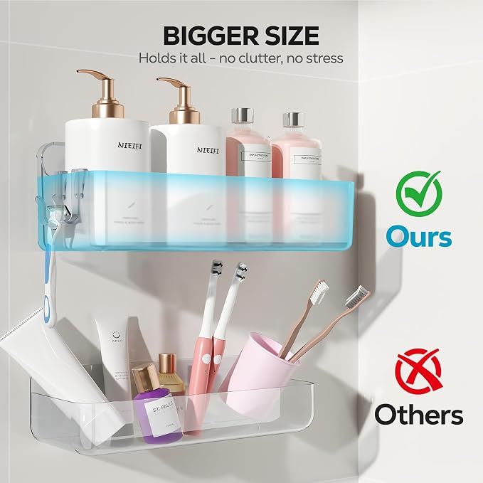 Nieifi Adhesive Shower Shelves, Clear, 5 Pieces | Rustproof ABS, Large Capacity, Removable Design, Easy-Clean, No Drilling Shower Organizer for Bathroom Storage & Home Decor