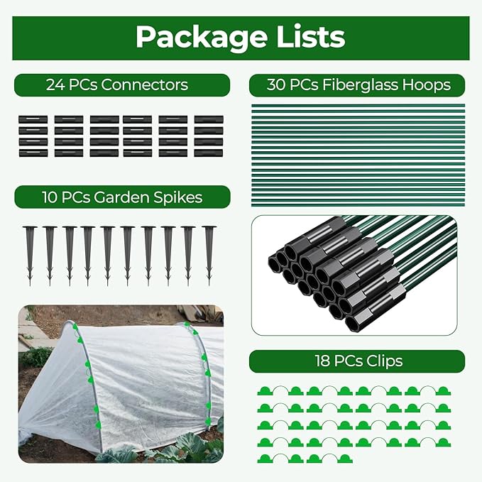 30Pcs Garden Hoops for Raised Beds, 6Sets Greenhouse Hoops Grow Tunnel, Rust-Free Fiberglass Support Hoops Frame for Netting Shade Cloth Cover, DIY Plant Support Garden Stakes