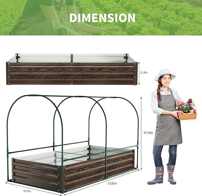 DoCred Galvanized Raised Garden Bed with PVC Cover, 72.8" x 37.4" x 47.2" Metal Planter Bottomless Box w/ Roll-Up Window, Mini Greenhouse Tent for Outdoor Growing Vegetables Flower Fruit