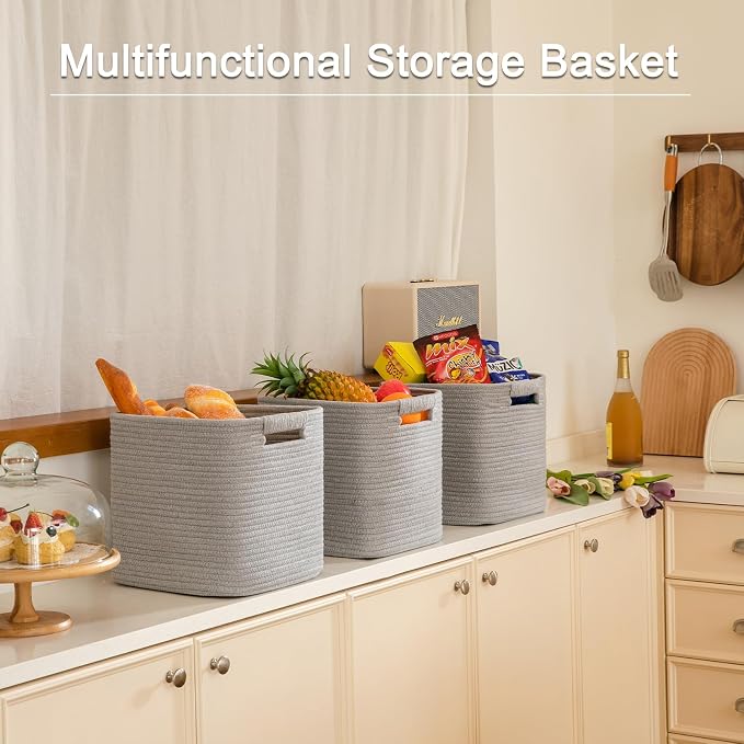 OIAHOMY Storage Cubes 11 Inch Bins-3-Pack, Cotton Rope Woven Baskets for Organizing, Square Storage Baskets for Shelves, Classroom, Kids Toy Bins, Closet, Baby Nursery-Grey