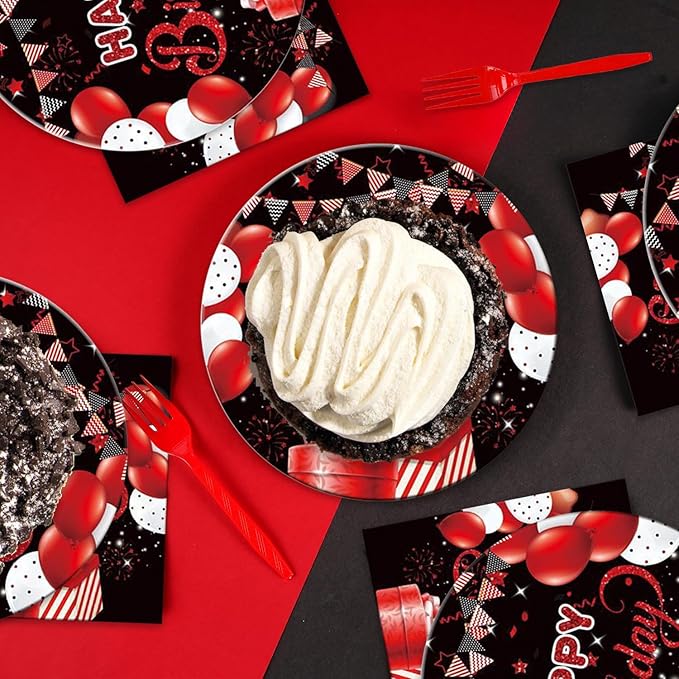 48Pcs Red and Black Birthday Decorations,Birthday Party Supplies Plates Napkins and Forks Set for Men Women，Serves 16