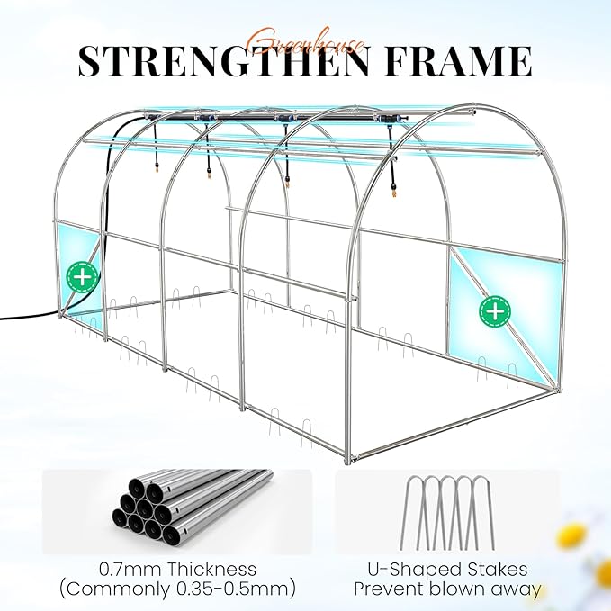 KING BIRD Premium 15x7x7 FT Greenhouse for Outdoors, Large Walk-in Heavy Duty Galvanized Steel Frame, Mesh Door Screen Window Tunnel Hoop Garden Plant Winter Hot House with Irrigation Kit, Green