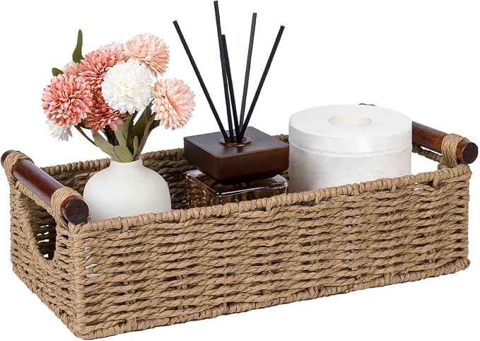 CubesLand Small Wicker Toilet Basket Tray Organizer W/Cut Out Handle | Handwoven Slim Decorative Basket for Countertop Shelf, And for Rustic Home Decor, Living Room, Nursery Organization, Neutral