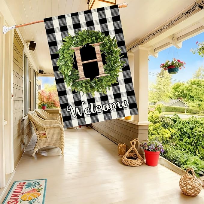 Baccessor Monogram Letter S Garden Flag 28 x 40 Inch, Buffalo Plaid Family Last Name Initial Boxwood Wreath Welcome Vertical Double Sided Large Flags for Outdoor Outside Decoration
