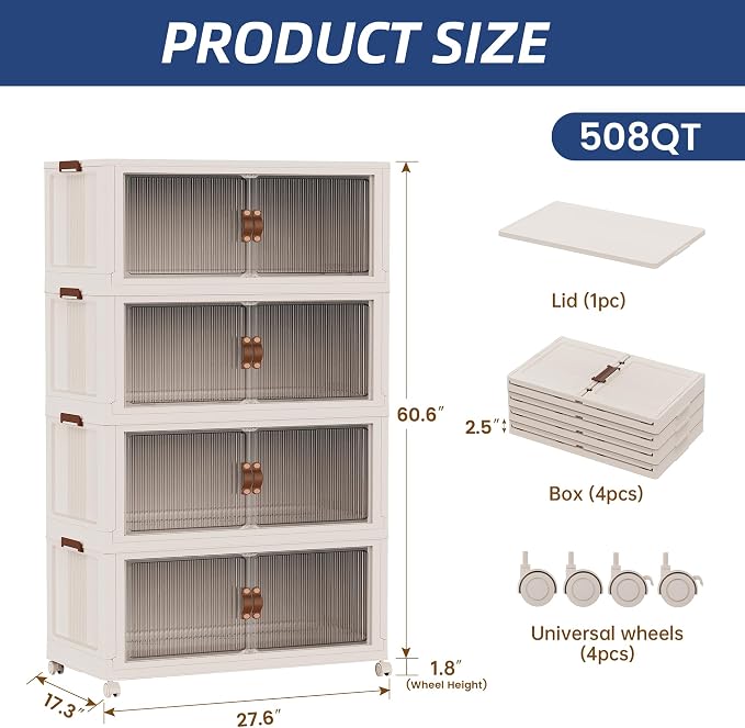 SAILUN 580Qt Stackable Storage Bins,Storage Cabinet a Lid,4Pack Blush White