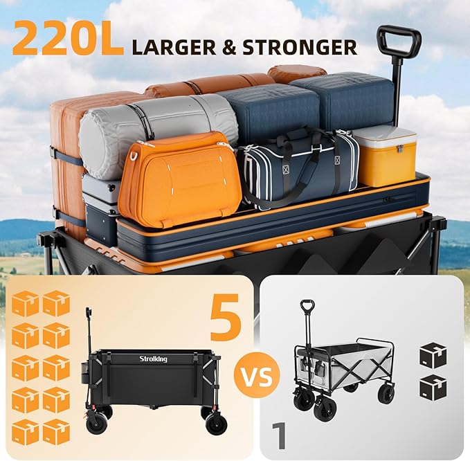 39" L Collapsible Wagon Cart, 220L Large Capacity and 440Lbs Heavy Duty, Lightweight 15lbs Folding Garden Cart with Silent All-Terrain Wheels for Beach, Camping Grass and Grocery, Black