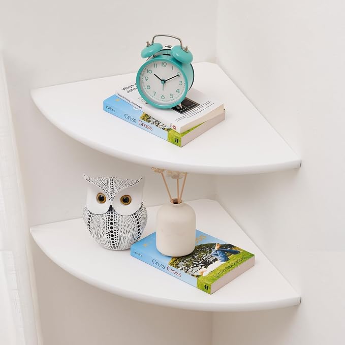 Corner Shelves, White Floating Corner Shelf, Set of 2 12inch Solid Oak Wood Wall Shelves, Round End Wall Mount with Wire Hole for Small Plant for Bedroom Kitchen, Living Room