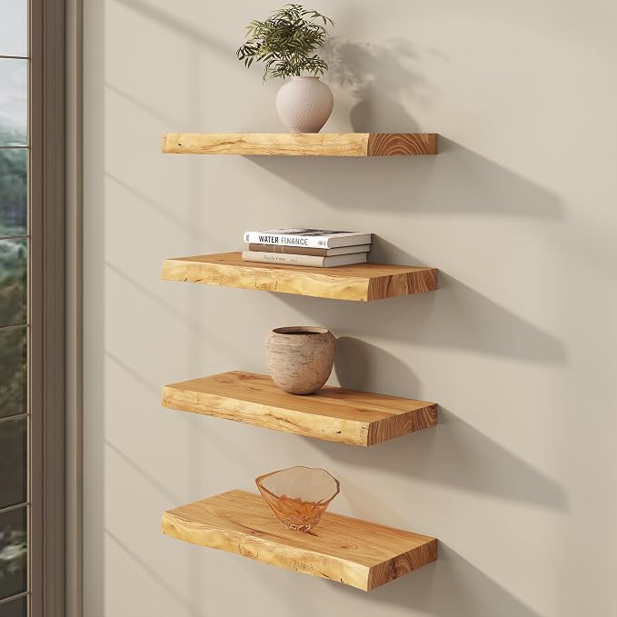 fuqing Live Edge Floating Shelves for Wall, 20 Inch Solid Elm Wood Shelves