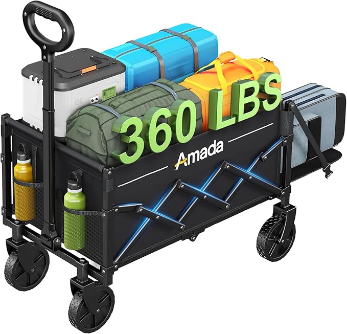 Small Wagon Cart Foldable, Collapsible Wagon with 360 LBS Max Load & Expandable Storage, 90L Foldable Grocery Cart with 2 Cup Holders for Outdoor, Garden, Camping &Groceries-Black