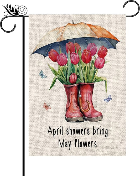 Spring Garden Flag Boots Tulips Vertical Double Sided Seasonal Flower Yard Outdoor Flag 12.5 x 18 Inch