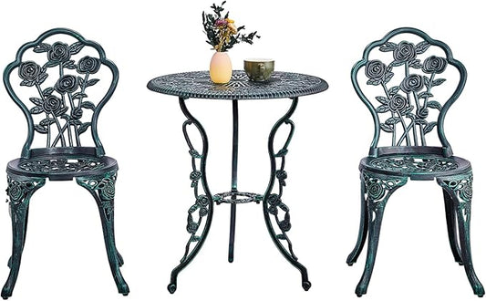 VINGLI 3 PCS Outdoor Bistro Set, Outdoor Patio Set, All-Weather Cast Aluminum Bistro Table Set, Bistro Table and Chairs Set of 2 for Backyard, Garden, Balcony (Green, Rose)