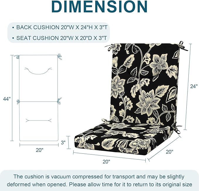 DYTXIII Outdoor High Back Chair Cushions Set of 2, 44x20 in Water Repellent Patio Seat Cushions with Elastic Sponge, All Weather Cushions for Rocking, Dining Chairs, Patio Furniture - Vines Black