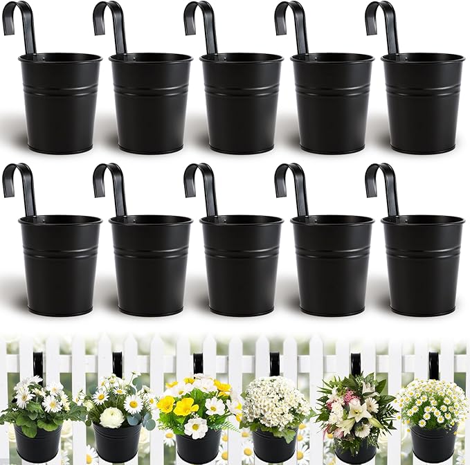 10 Pack Hanging Flower Pots, Metal Iron Bucket Planter, 4 Inches Railing Planter, Hanging Planters Flower Holder with Detachable Hook for Railing Fence Balcony Garden Home Decoration (Black)