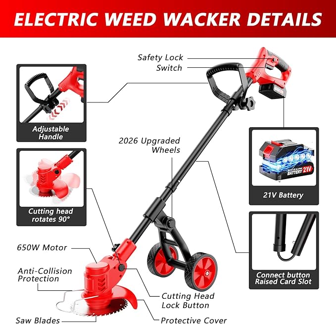 Electric Weed Wacker Cordless with Wheels, 4-in-1 Weed Eater Battery Powered 4000mAh 21V, Brush Cutter/String Trimmer/Grass Trimmer/Lawn Mower with 3 Types Blades, Lightweight Garden Tool, 2 Battery