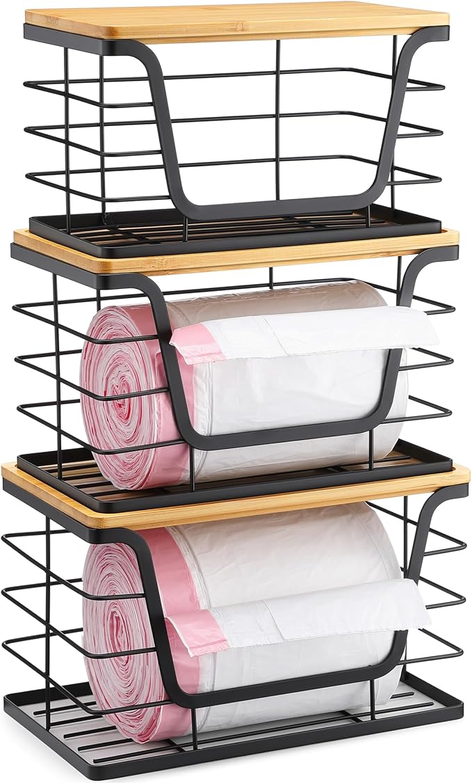 ALOCEO 3 Pack Stackable Storage Bins with Lids, Stainless Steel Trash Bag Dispenser Roll Holder for for Kitchen Sink, Laundry, Pantry Organizer and Storage