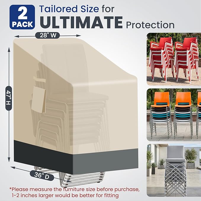 Extra Heavy Duty Stackable Patio Chair Covers Waterproof Up to 8000pa, 2 Pack Patio Furniture Covers for Outdoor Stackable Dining Chairs, Outdoor Seat Cover with Air Vents, 28"W x 36"D x 47"H
