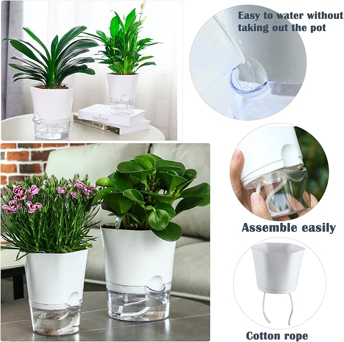 6-Pack 7.8" Clear Self Watering Pots for Indoor Plants Large Hexagon Self-Watering Planters Orchid Pots Plastic Wick Flower Plant Pots for African Violet, Spider, Herbs, Home Decor, White and Clear