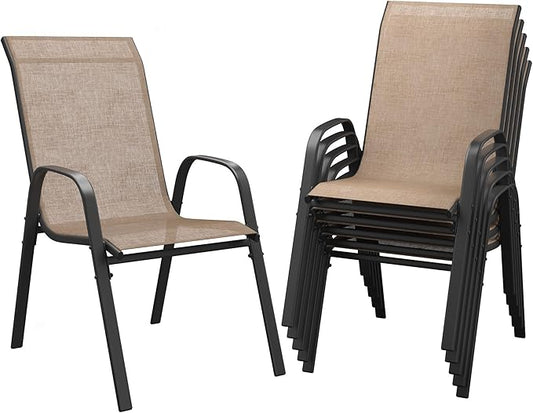 DIFY Patio Chairs Set of 6, Stackable Outdoor Dining Chairs Set with Breathable Textilene High Back and All-Weather Metal Frame for Garden, Backyard, Deck, Brwon
